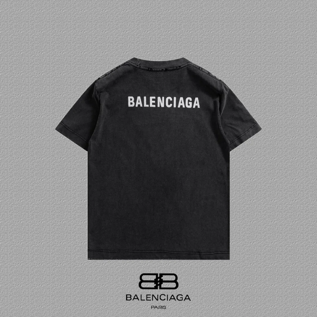 P100✨🔥 [balenciaga] 2026FW short-sleeved T-shirt Premium 26s double yarn 300g fabric embroidery process wash water spray Ma Jiu distressed color: wash water black wash water white wash water Khaki Size: S M L XL 2XL